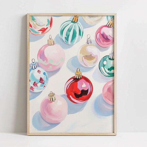 Colorful Christmas Ornaments Art Print, Preppy Winter Decor