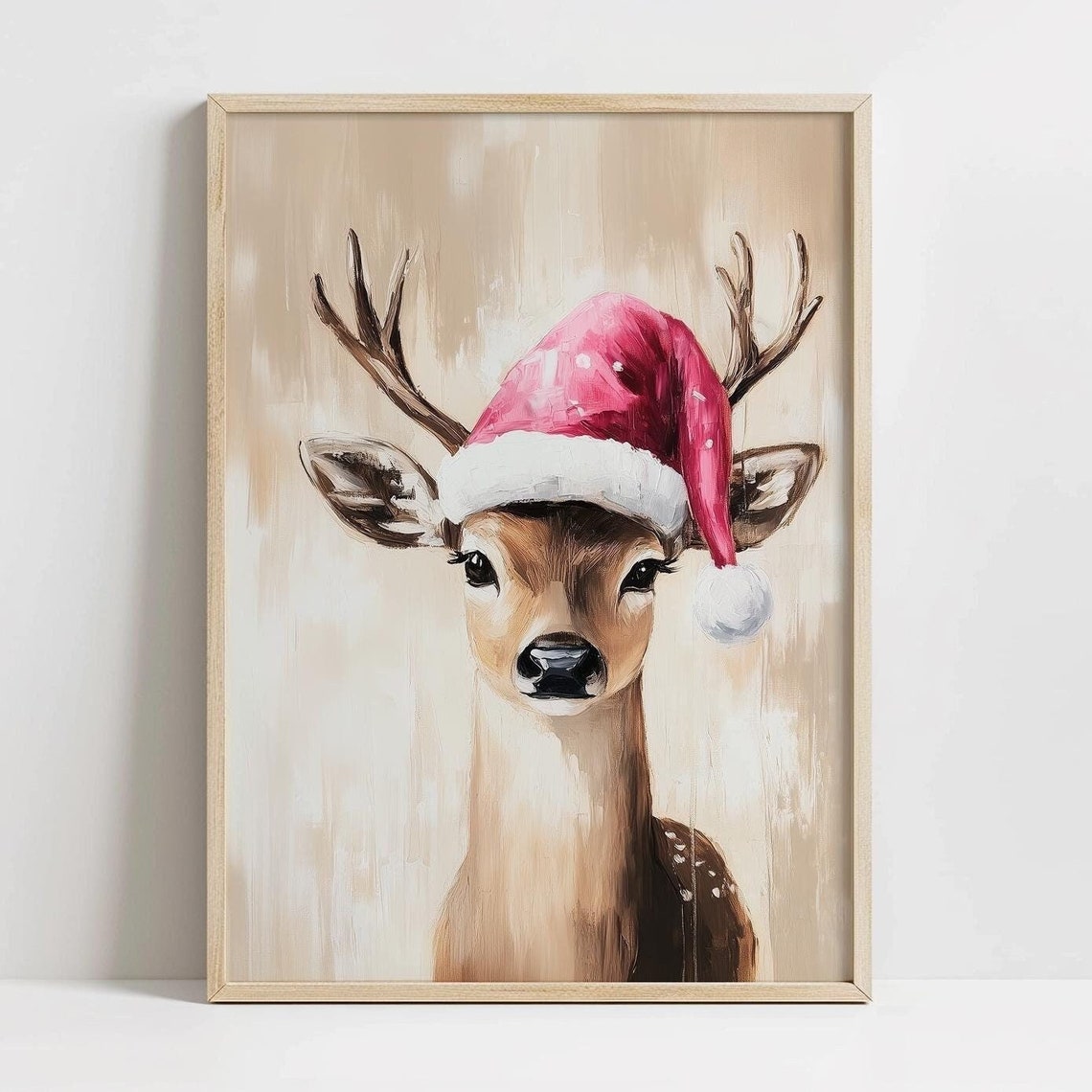 Cute Pink Christmas Fawn Art Print Baby Deer Santa Painting Holiday Nursery Decor Seasonal Cozy Winter