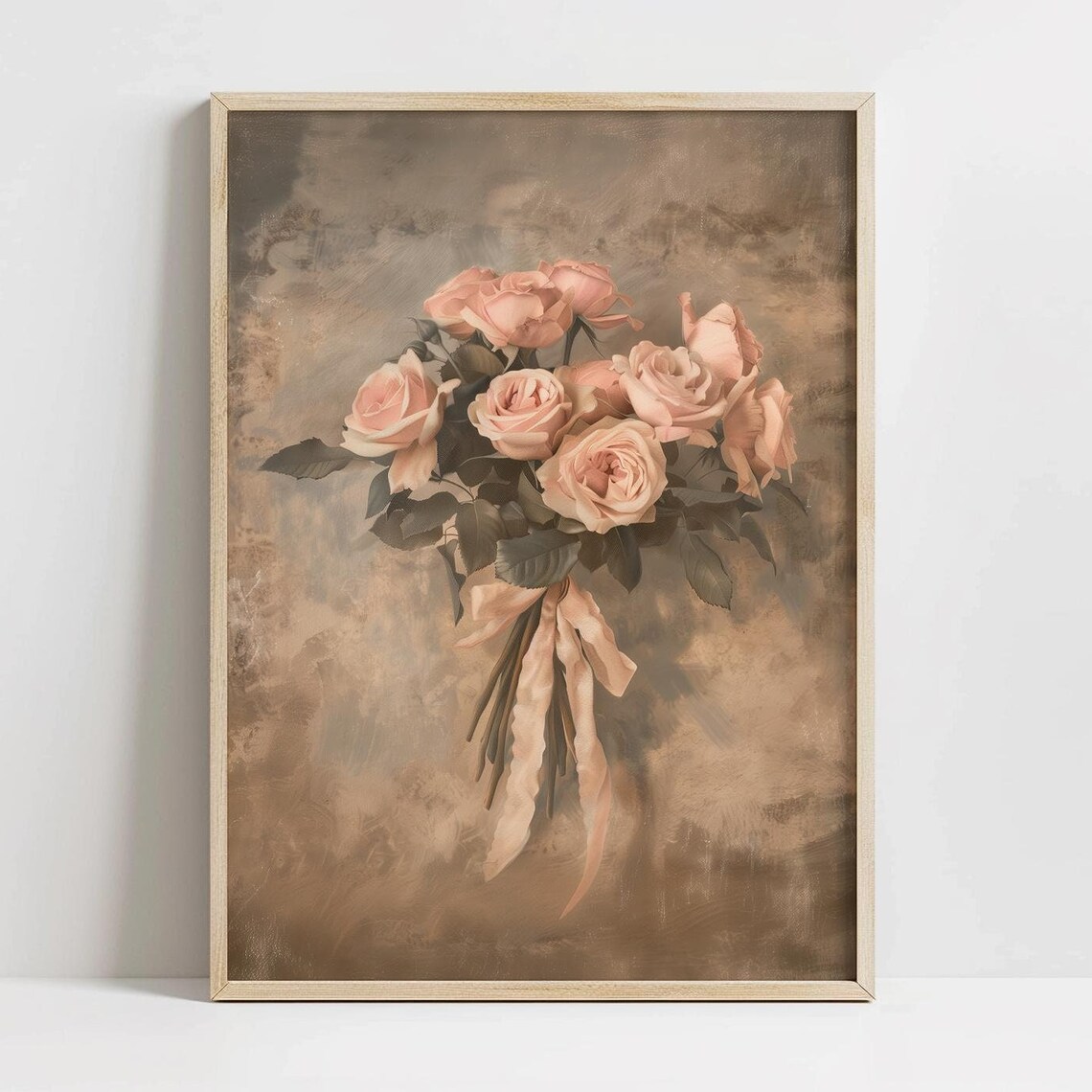 Peach Roses Bouquet Tied with Ribbon Moody Painterly Floral Print