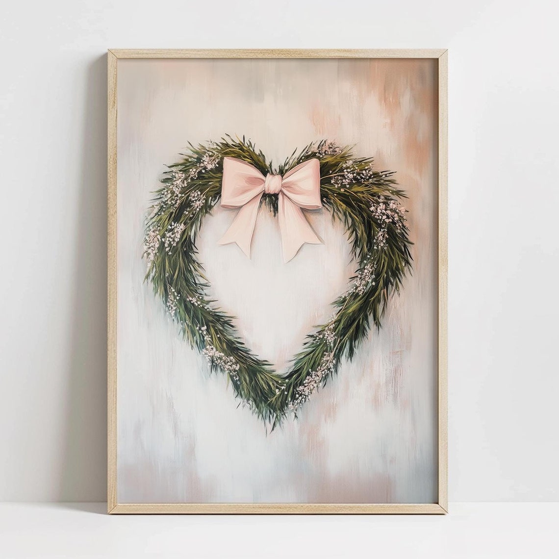 Heart Shaped Greenery Wreath with Blush Pink Bow Romantic Wall Art