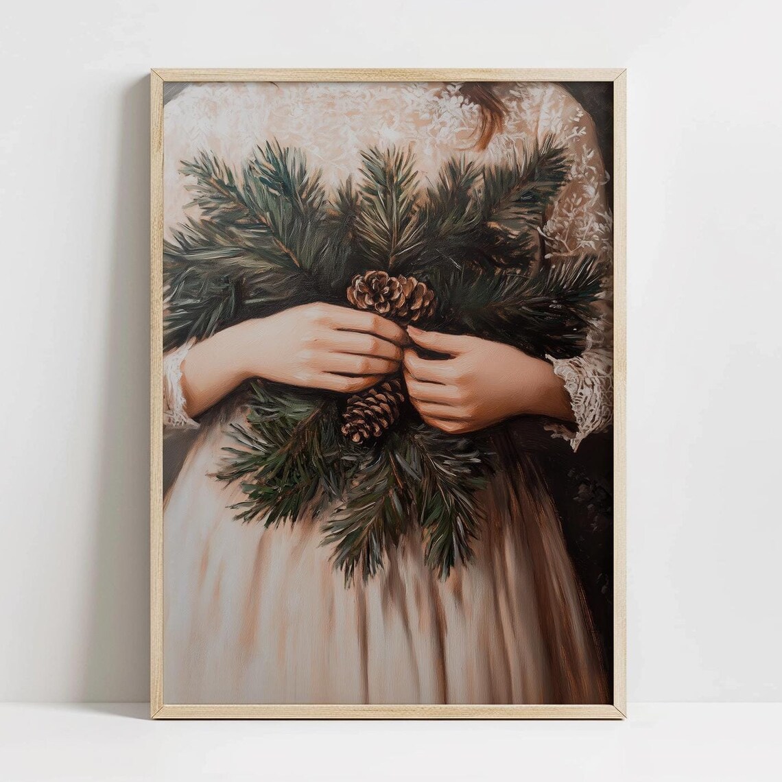 Hands Holding Pinecones Evergreen Vintage Christmas Wall Print
