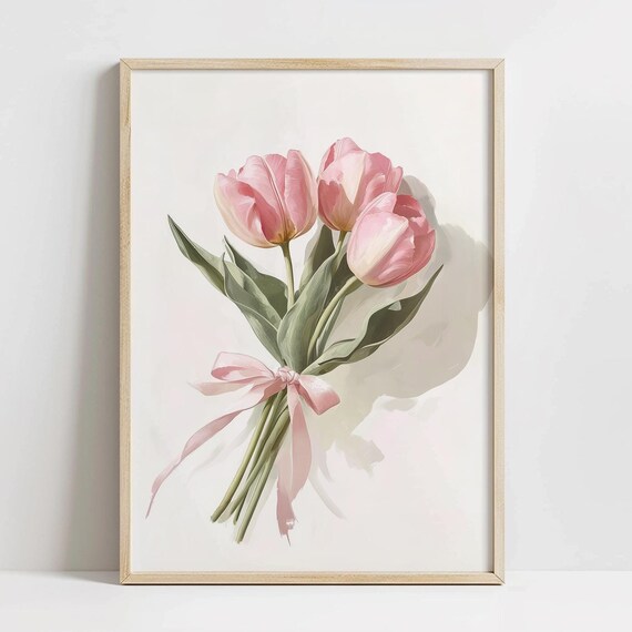Pink Tulip Bouquet Ribbon Cottagecore Floral Spring Wall Art