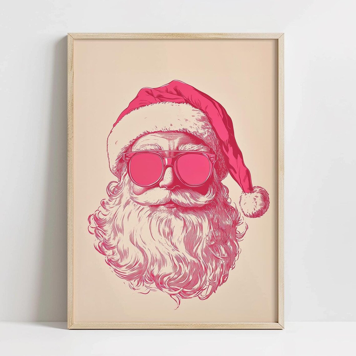 Trendy Pink Santa Claus Wall Art Santa Sunglasses Poster Girly Christmas Dorm Print Seasonal Holiday Decor Pink Christmas Art