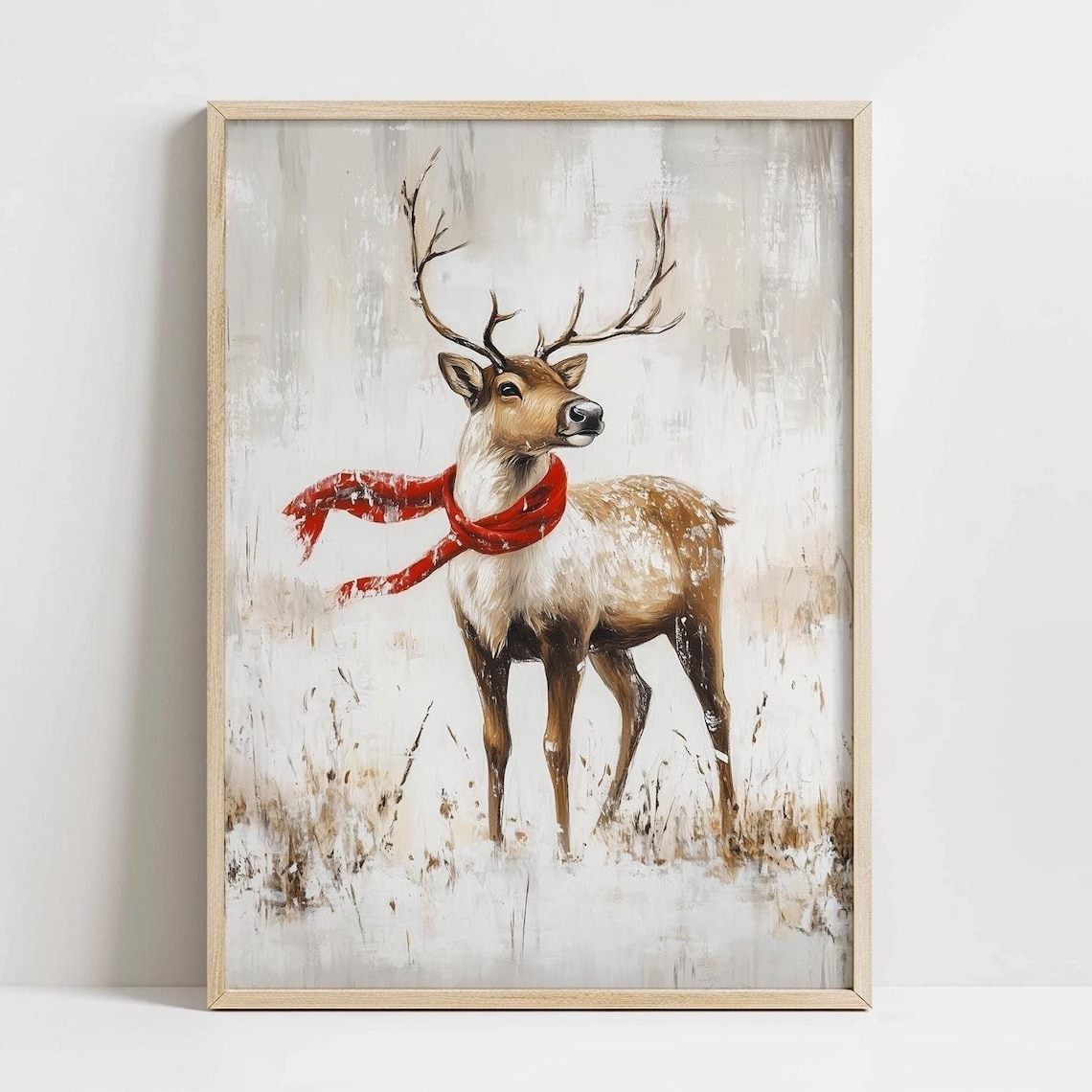Woodland Deer Red Scarf Snowy Field Winter Whitetail Stag Art Poster