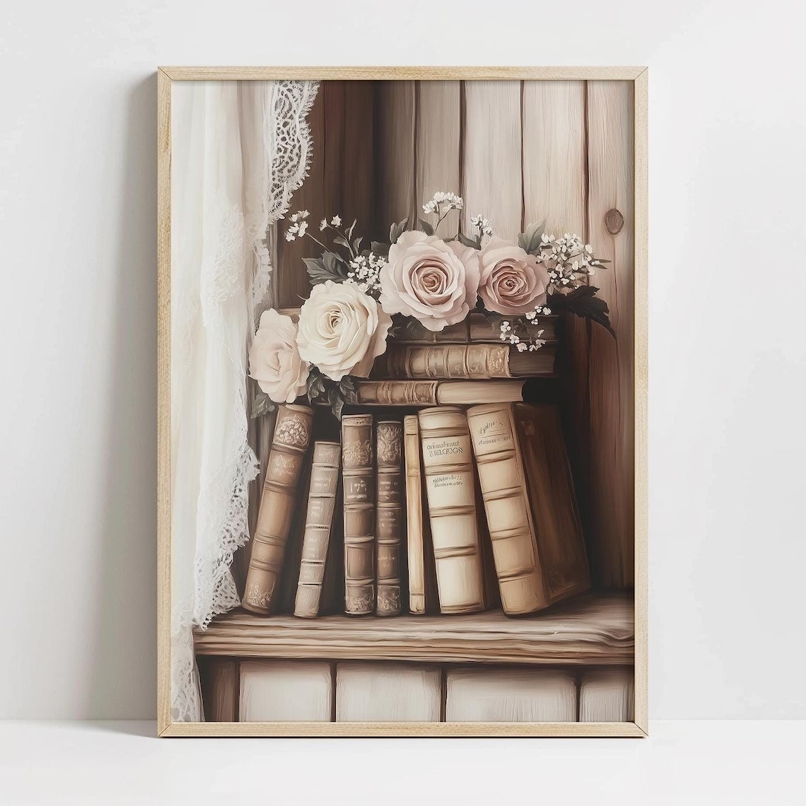 Antique Books on Wooden Shelf with White Roses Cottage Library Print