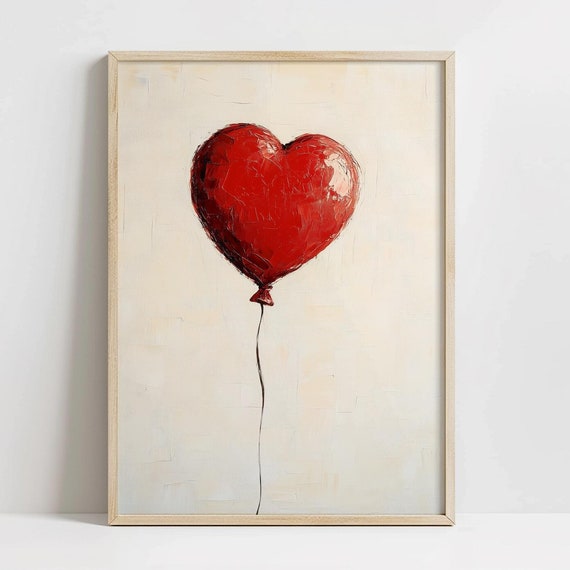 Red Heart Balloon Print Minimalist Valentine Nursery Wall Art Cute Romantic Decor Girly Dorm Room Art Valentines Day Prints
