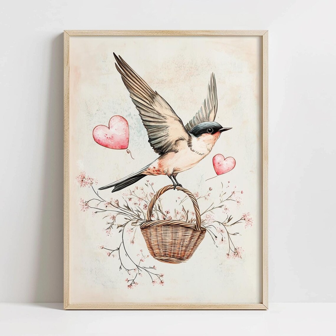 Valentine Swallow on Flower Basket Hearts Watercolor Love Poster