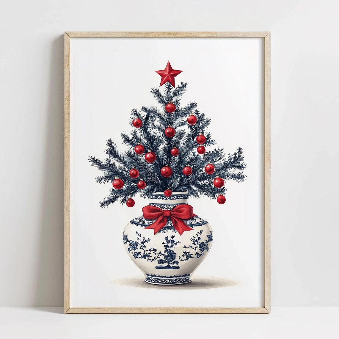 Blue White Porcelain Vase Mini Christmas Tree Red Ornaments Poster