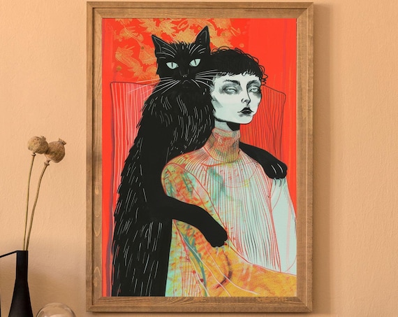 Woman With Black Cat Red Background Whimsical Illustration Poster