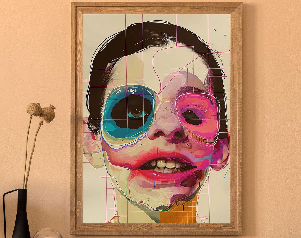 Grid Addiction Bold 3D Glasses Pop Art Face Pink Yellow Portrait Print