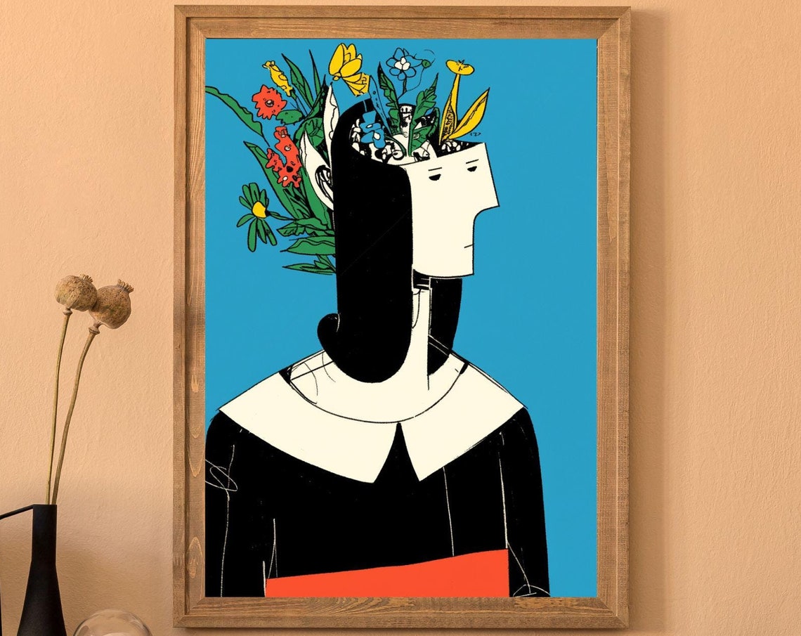 Surreal Woman With Flowers Blooming From Her Head Modern Art Poster