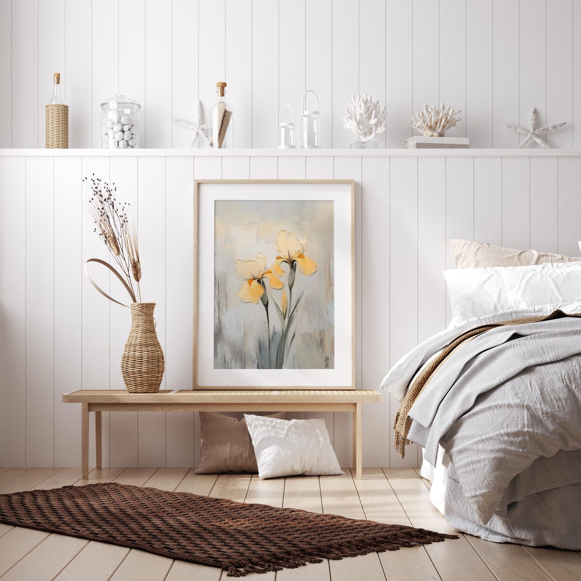 Two Yellow Iris Blooms On A Soft Gray Botanical Background Poster - Image 2