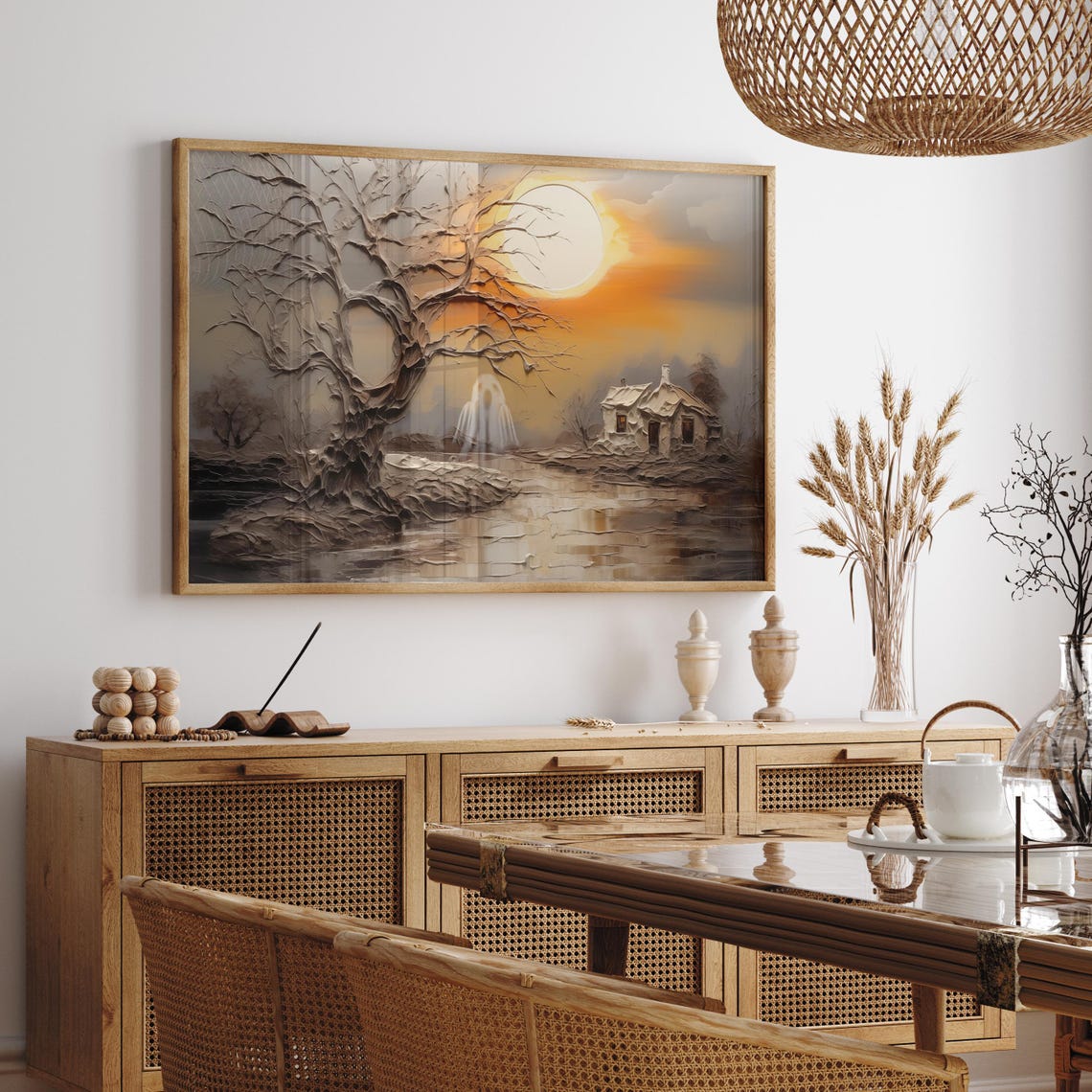 Haunted Cottage At Sunset With A Ghost Under A Full Moon Poster - Image 3