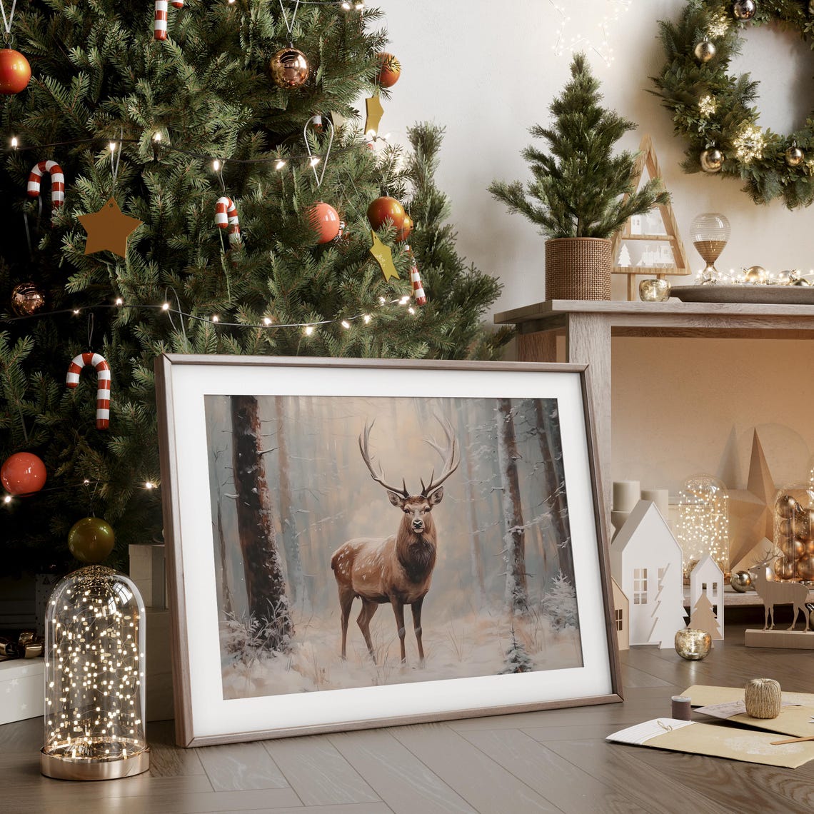 Majestic Stag with Antlers in Misty Snowy Forest Painting Poster - Image 3