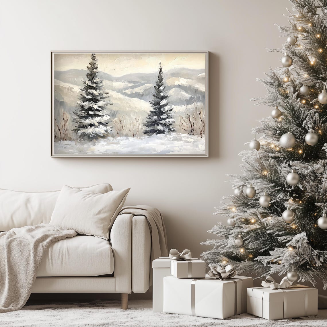 Two Snowy Evergreens Mountain Backdrop Winter Painting Poster - Image 3