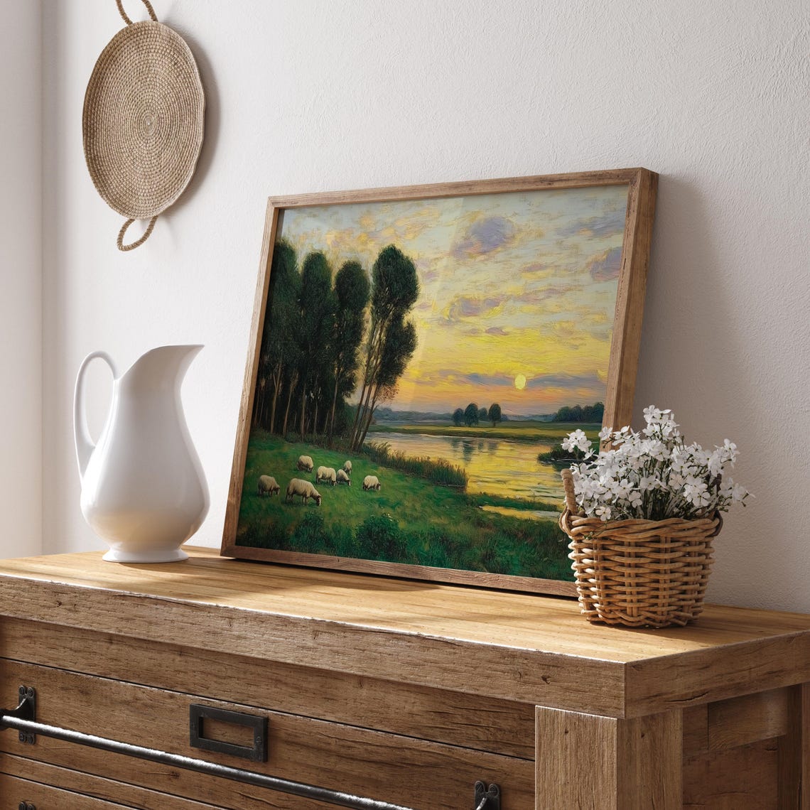Sheep by River at Golden Sunset Pastoral Landscape Art Poster - Image 3