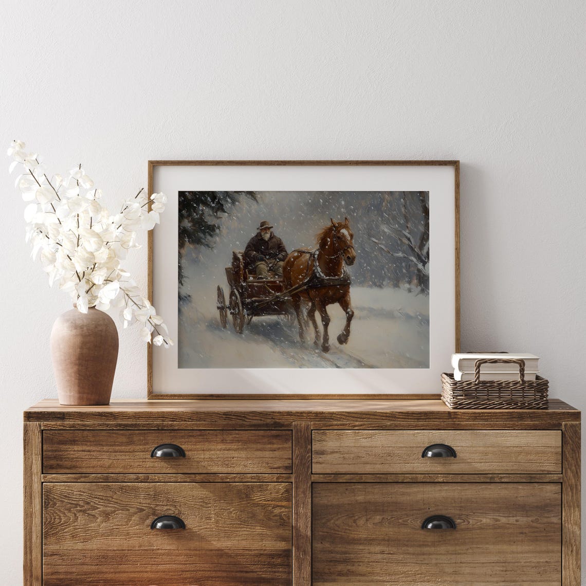 Bearded Man Horse Drawn Wagon Snowfall Vintage Painting Poster - Image 3