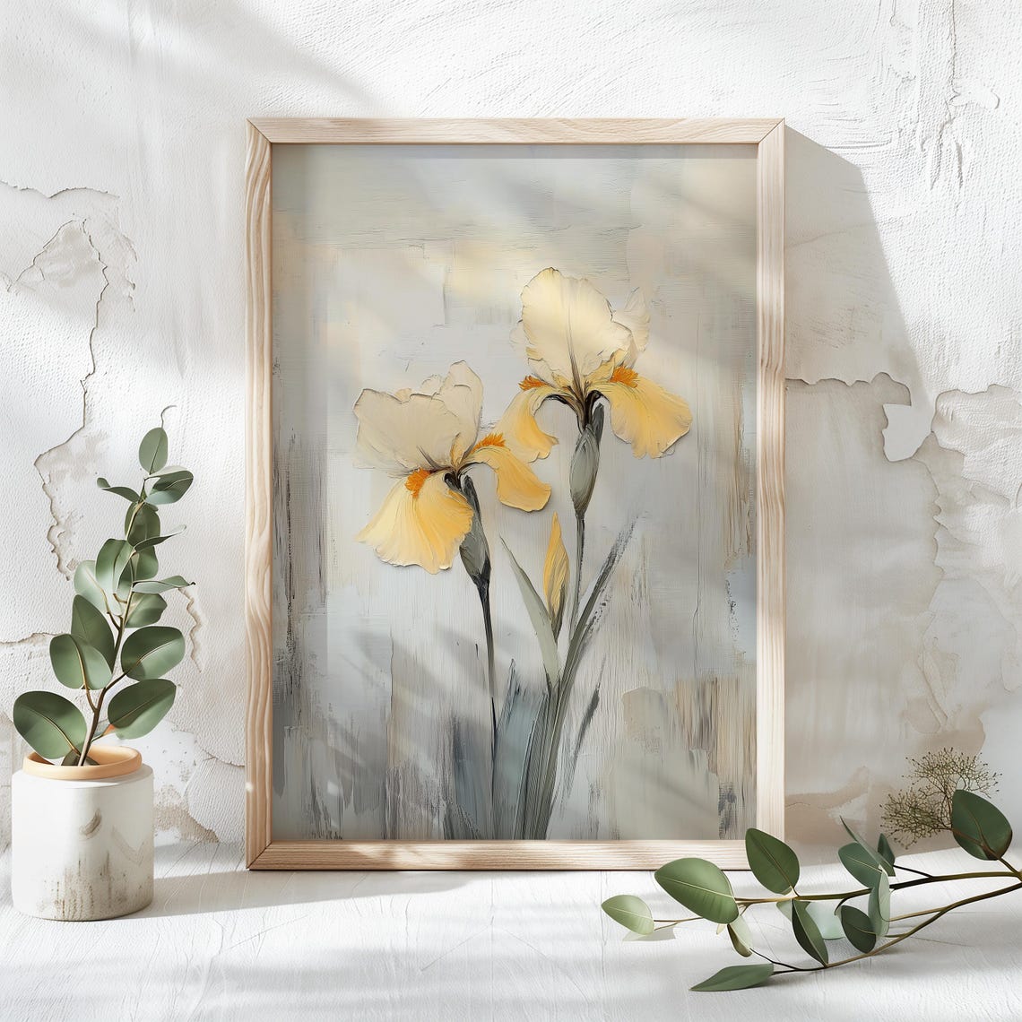 Two Yellow Iris Blooms On A Soft Gray Botanical Background Poster - Image 3