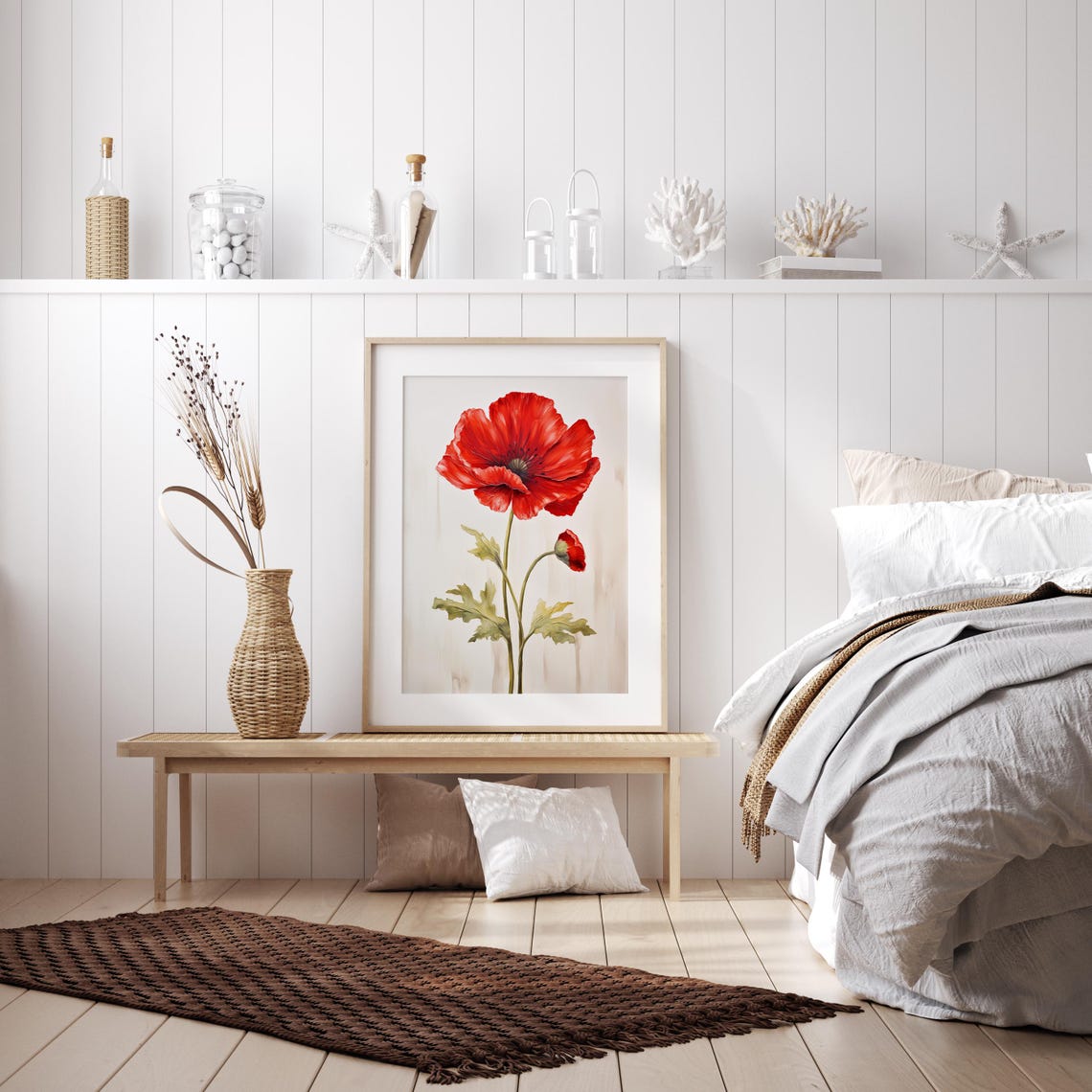 Red Poppy Bloom Botanical Oil Painting on Cream Background Poster - Image 4
