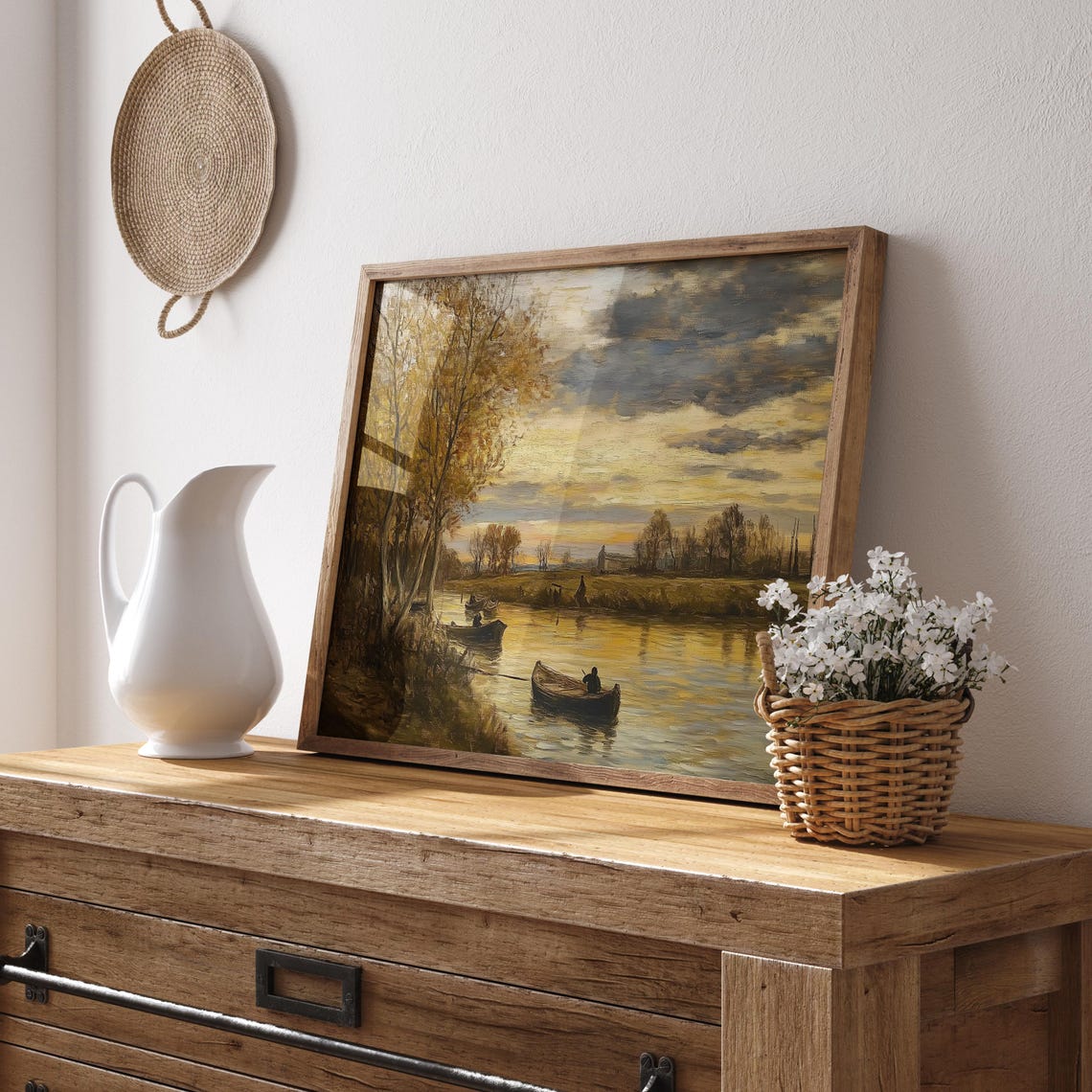 Fishermen in Boats on a Shimmering Sunset River Painting Poster - Image 2