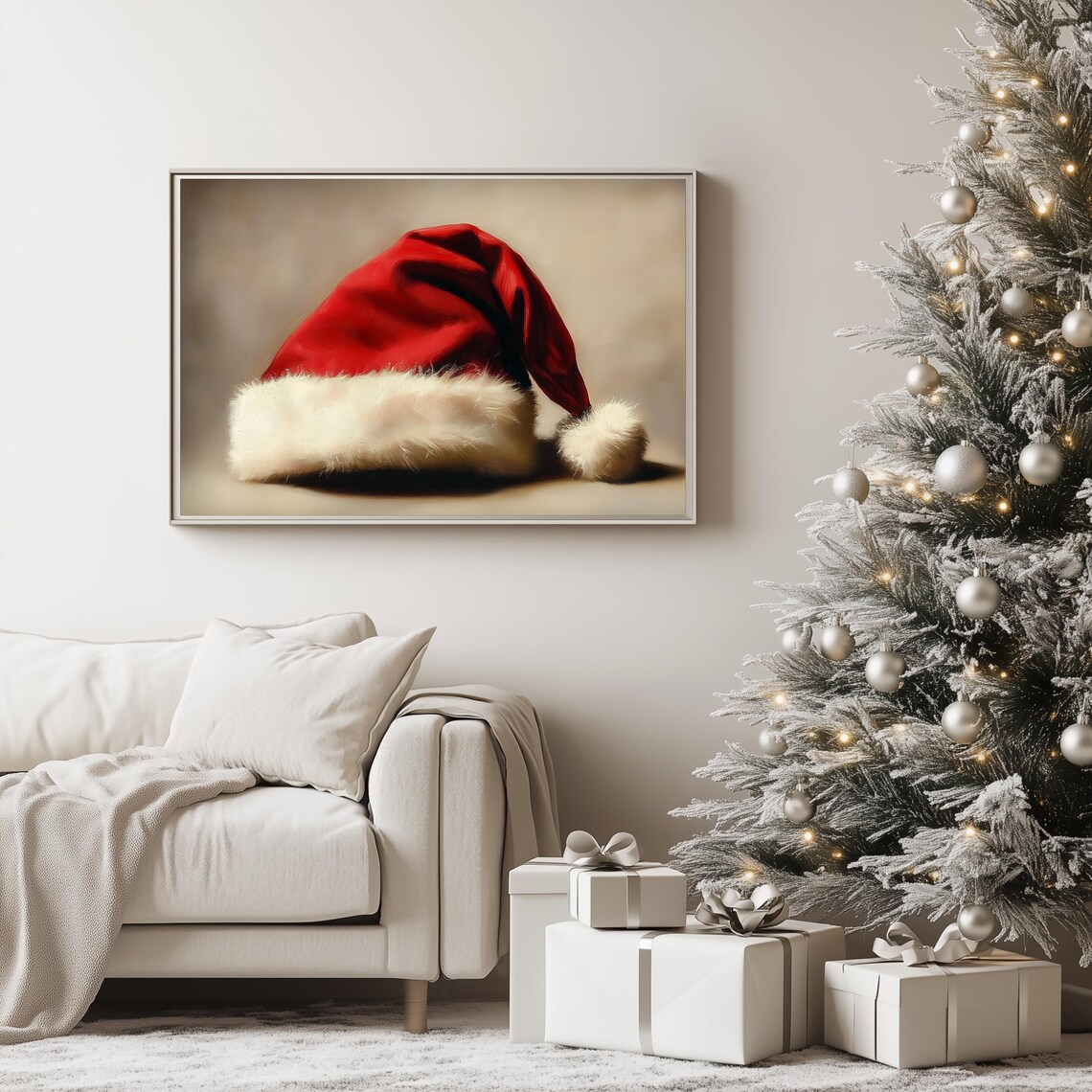 Santa Claus Hat Vintage Christmas Frame Art Moody Painting Farmhouse Painting Christmas Hat Paint Holiday Decor Xmas Wall Art - Image 4