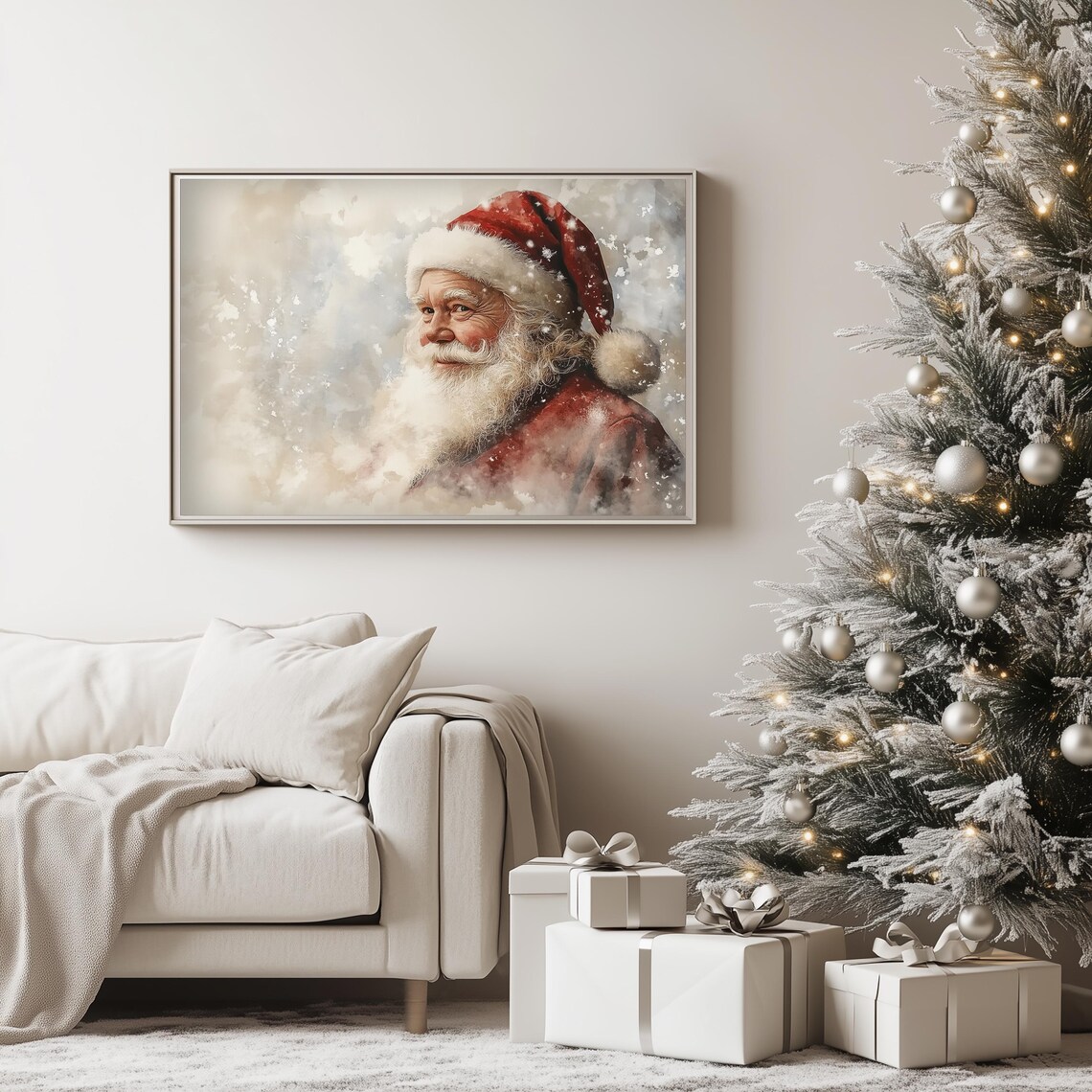 Jolly Santa Claus Smiling Through Soft Falling Snow Watercolor Poster - Image 3