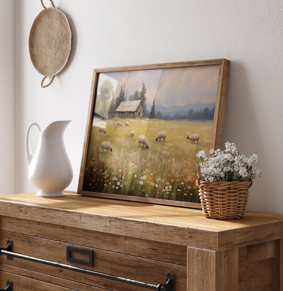 Sheep Grazing in Flower Meadow with Barn Vintage Country Poster - Image 3