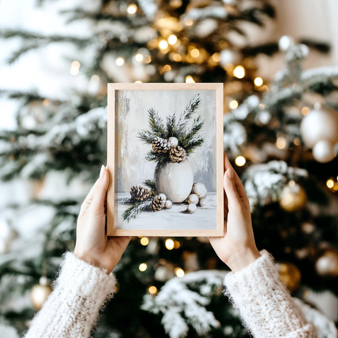 Winter Still Life White Vase Pinecones Frosted Greens Poster - Image 4