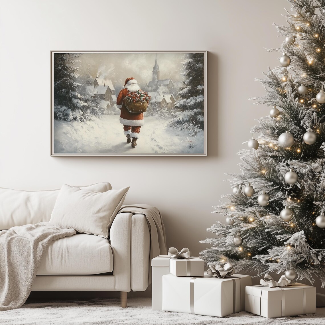 Santa Claus Gift Sack Walking Away to a Snowy Village Poster - Image 3