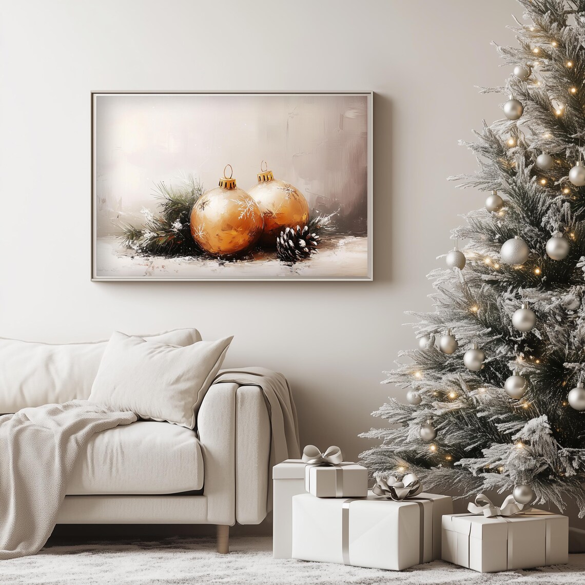 Golden Christmas Baubles In Snow Cozy Vintage Still Life Poster - Image 3