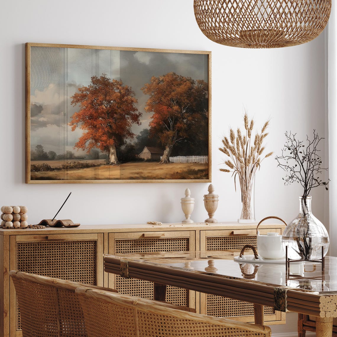 Autumn Farm With Two Red Oak Trees Barn And White Fence Poster - Image 3