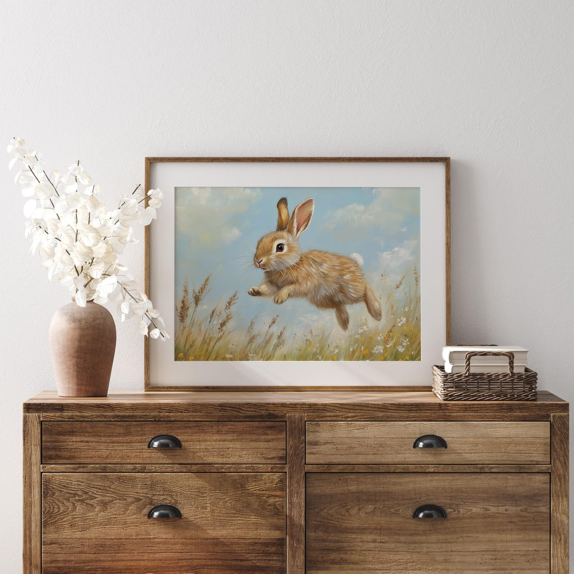 Leaping Bunny Above A Wildflower Meadow Under A Blue Sky Poster - Image 3