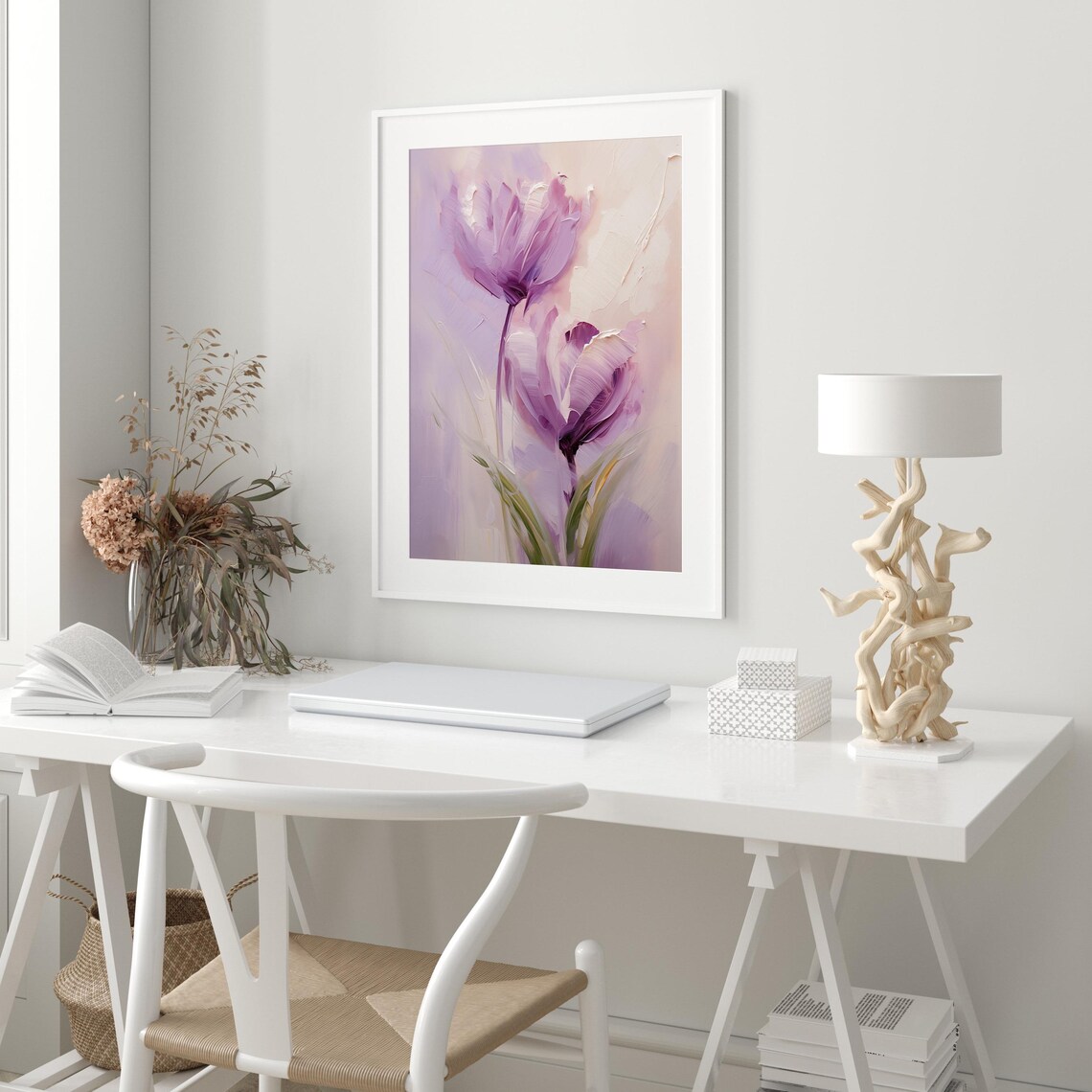 Two Purple Tulips Soft Floral Impasto Oil Painting Botanical Poster - Image 2