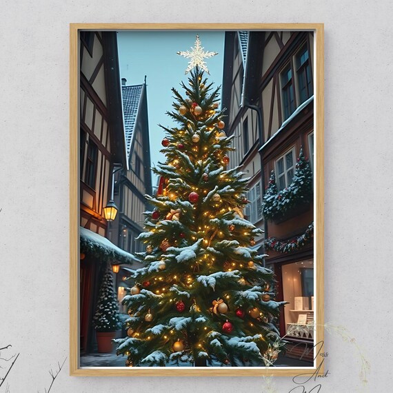 Snowy Christmas Tree in a German Village Street Holiday Art Poster