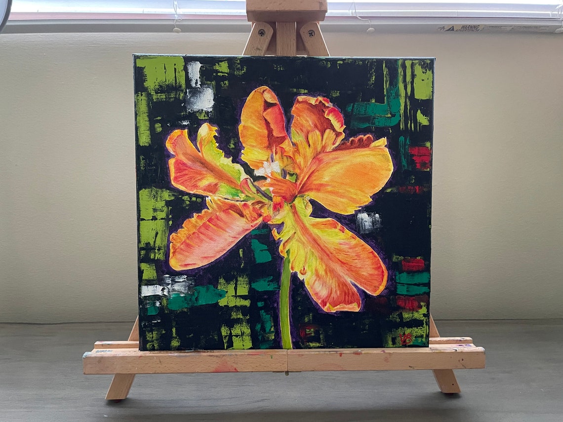 Orange Parrot Tulip Abstract Dark Background Bold Floral Oil Wall Art - Image 3