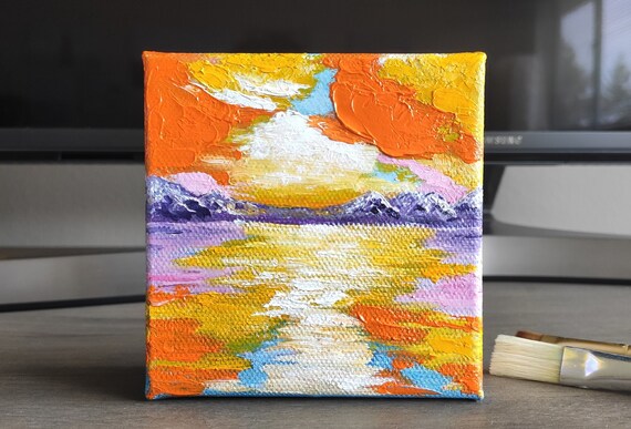 Colorful Sunrise Over Mountain Lake Golden Light Reflection Art Poster