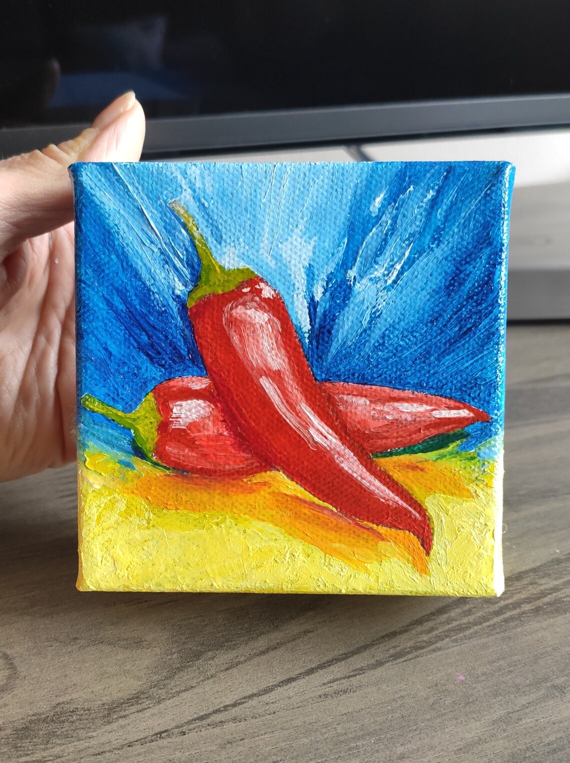 Red Chili Peppers Blue And Yellow Background Kitchen Art Poster - Image 4