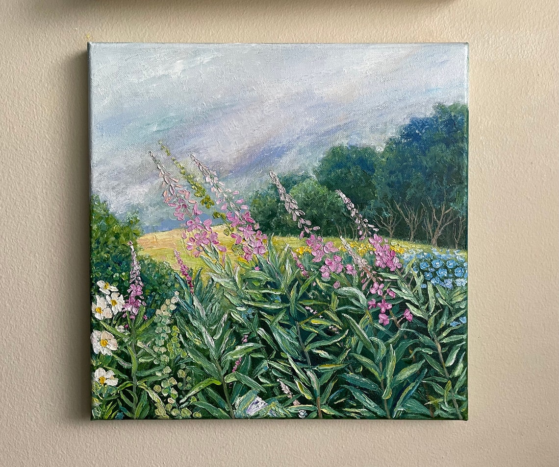 Pink Fireweed Meadow Blue Sky Summer Floral Landscape Painting Art