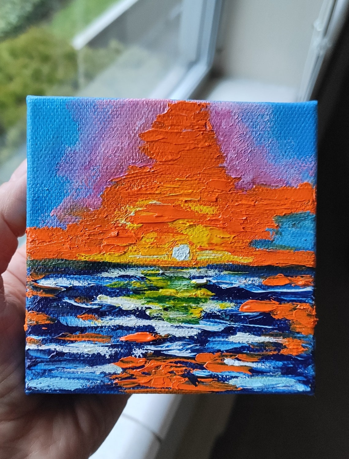 Abstract Ocean Sunset Orange Sky Impasto Oil Painting Mini Wall Art - Image 4