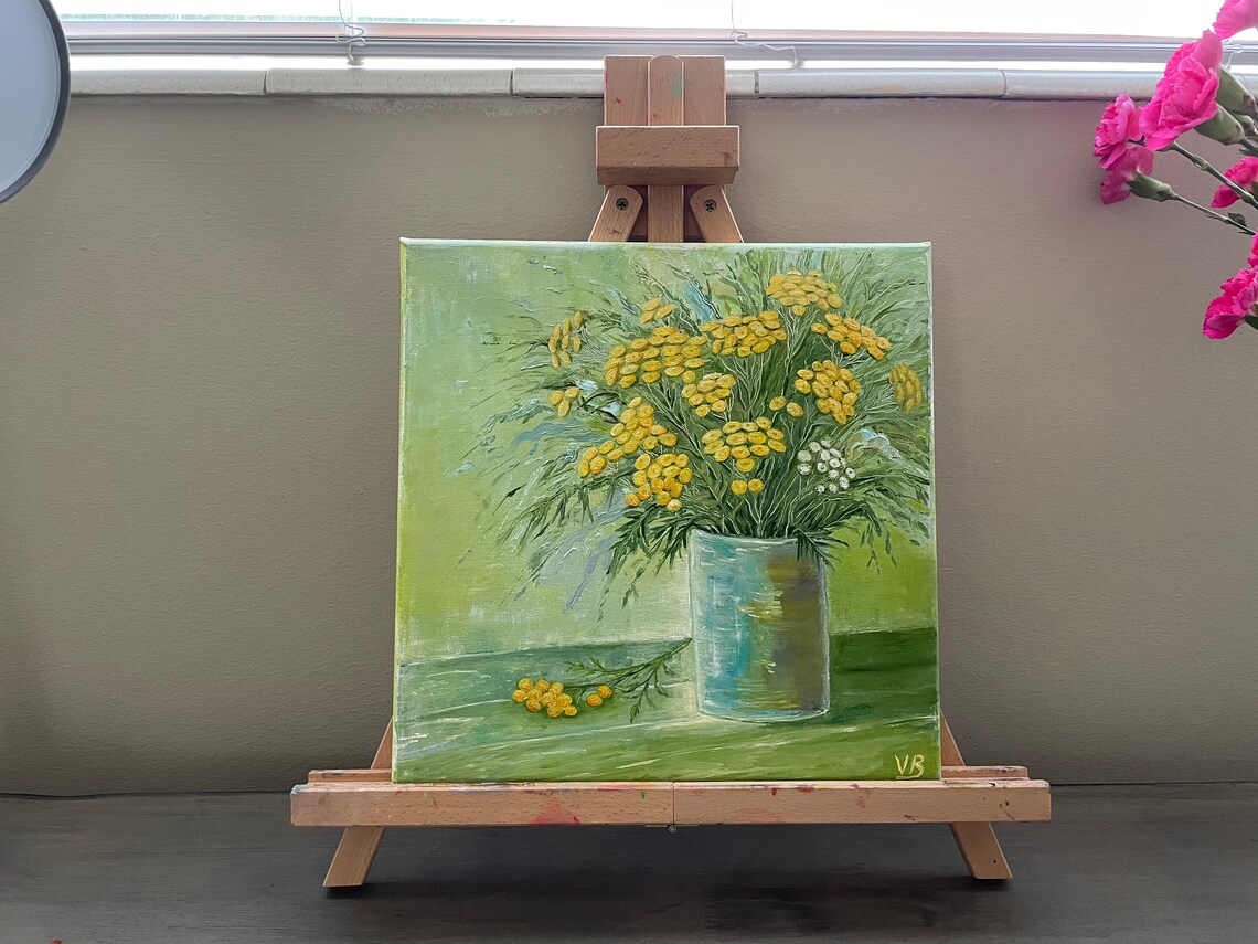 Yellow Tansy Wildflowers Glass Vase Floral Oil Painting Wall Art - Image 3