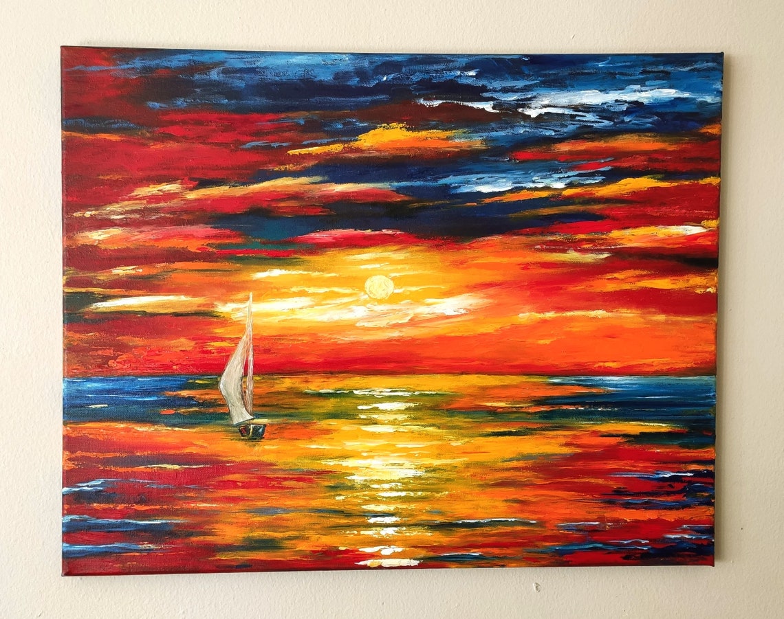 Sailboat On Blazing Red Ocean Sunset Golden Sun Nautical Art Poster - Image 4