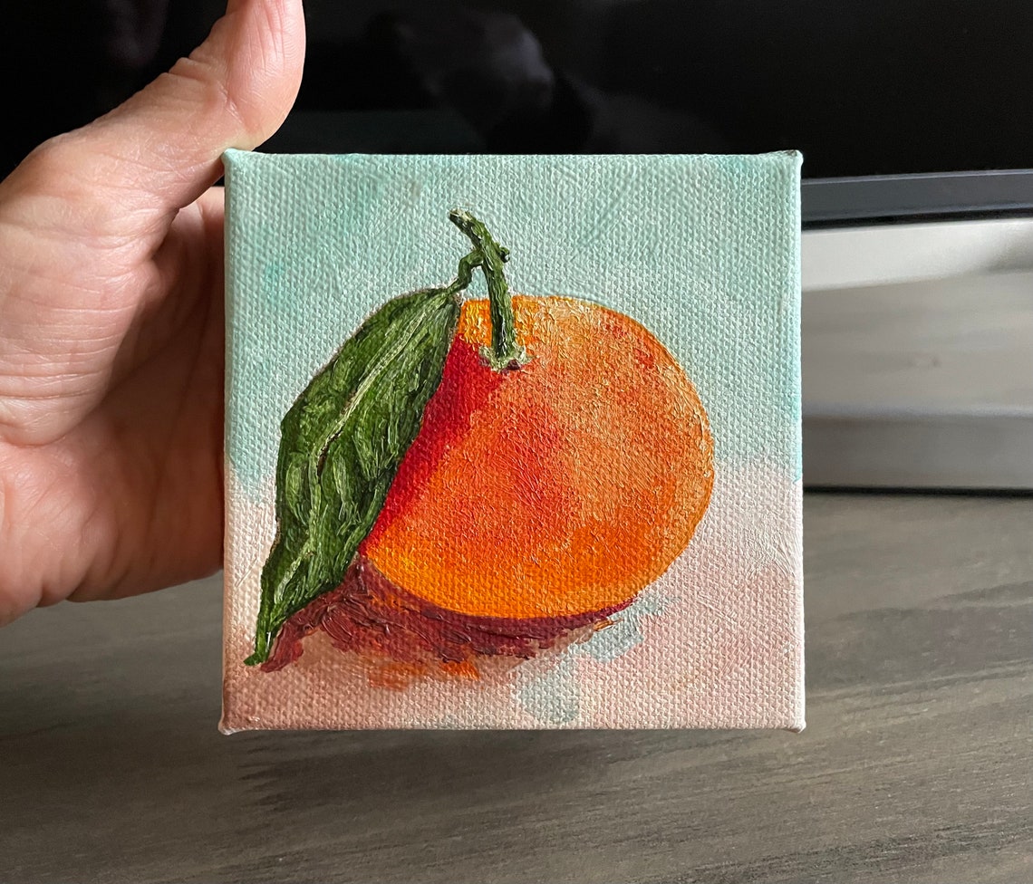 Ripe Tangerine With Green Leaf Mint Background Fruit Painting Poster - Image 2