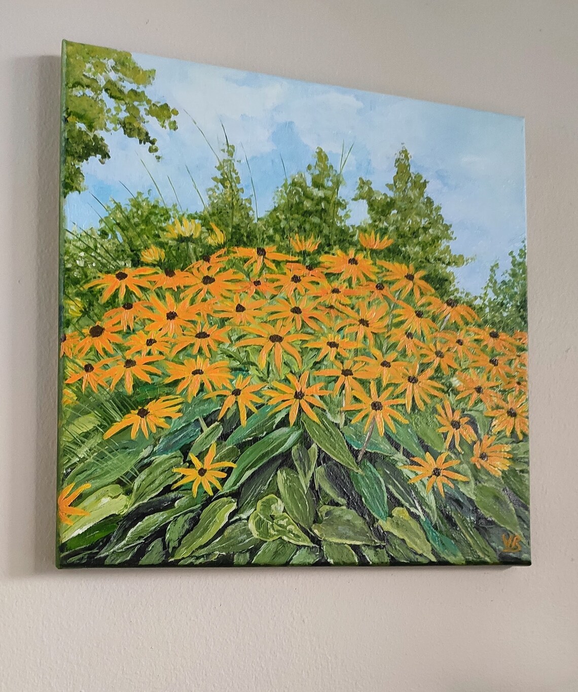 Yellow Rudbeckia Daisy Summer Blooms Blue Sky Oil Painting Wall Art - Image 2