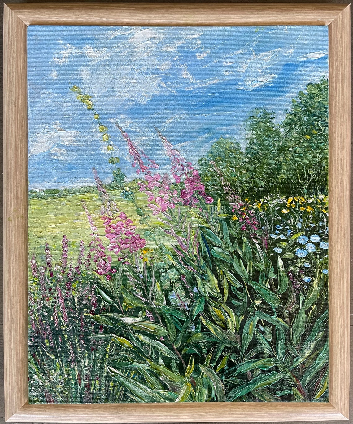 Pink Wildflower Meadow Blue Sky Framed Floral Landscape Painting Art