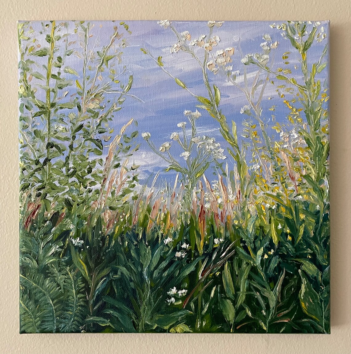 Lush Wild Grasses Flowers Blue Sky Summer Meadow Oil Painting Wall Art