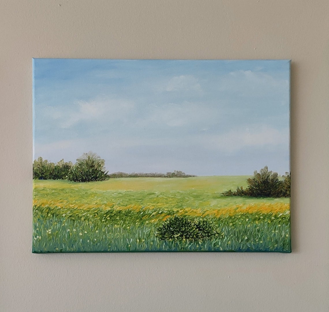 Green Summer Meadow Wheat Field Blue Sky Country Landscape Wall Art - Image 3