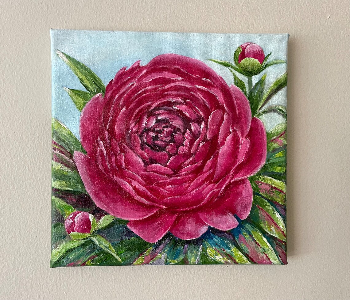 Bright Pink Peony Bloom Spring Garden Floral Oil Painting Wall Art