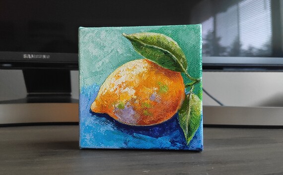 Lemon Fruit Original Handmade Oil Painting On Citrus Art 4x4 Kitchen Fruit Painting Small Food Kitchen Art Gift One Of A Kind
