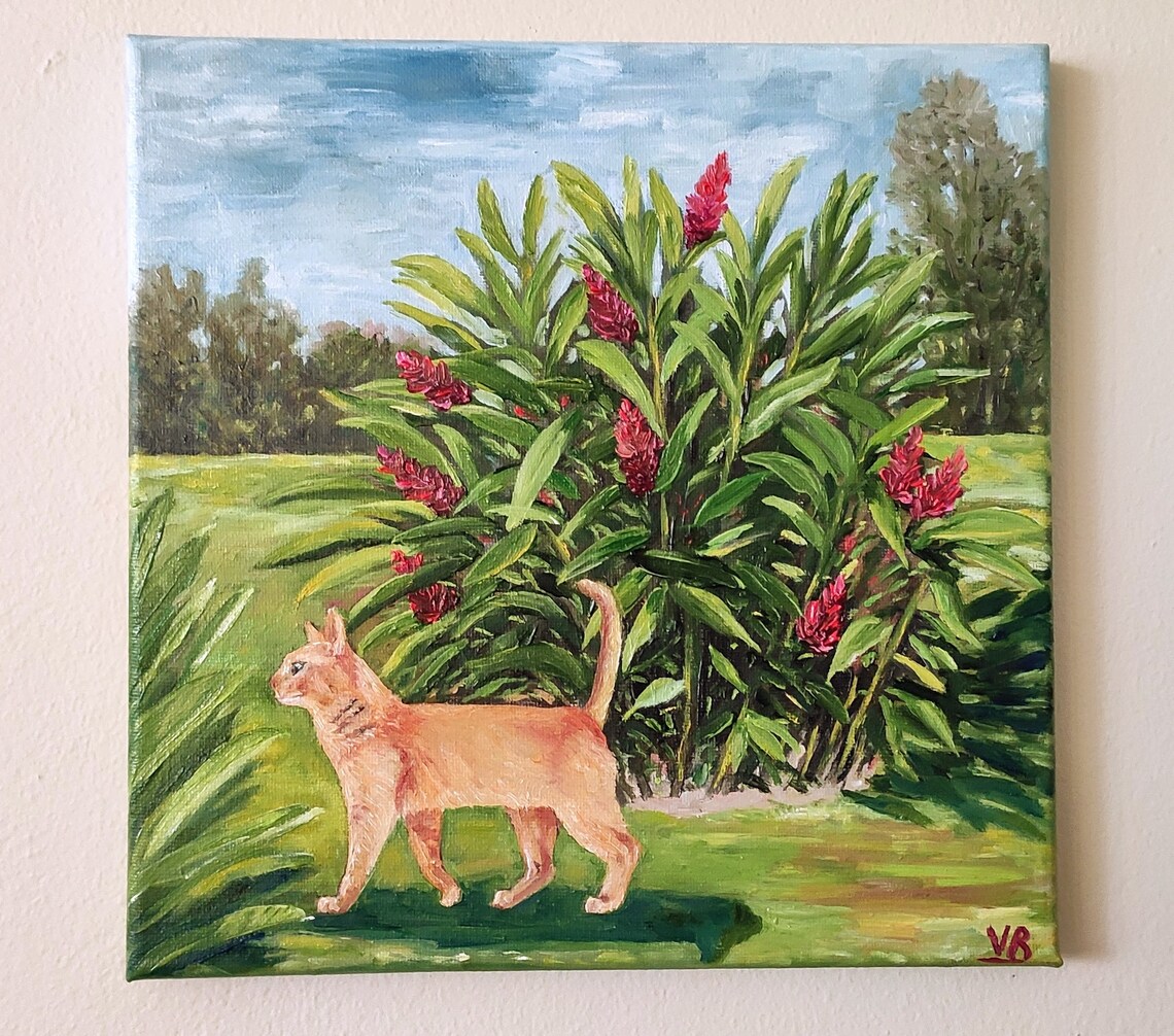 Ginger Cat Tropical Garden Red Flowers Oil Painting Animal Wall Art