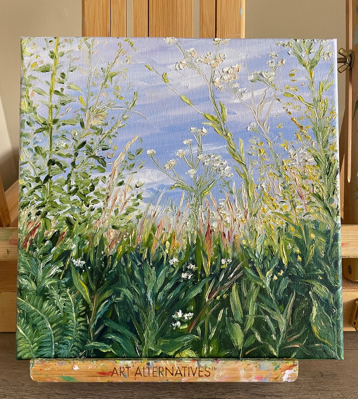 Lush Wild Grasses Flowers Blue Sky Summer Meadow Oil Painting Wall Art - Image 3